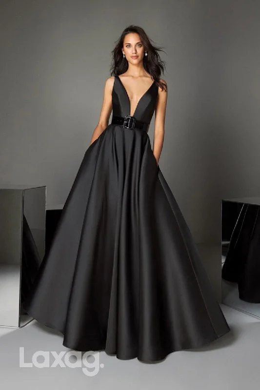 Special Offer 13752 - Black Low V-Neck Straps Satin Gown Evening Dress