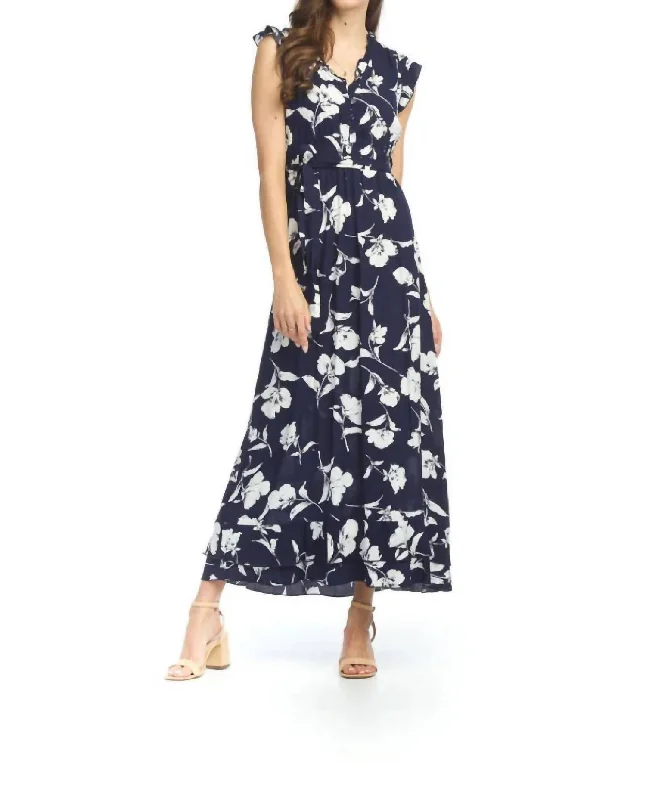 Discounts On Casual Weekend Styles Mariah Floral Ruffle Midi Dress In Navy