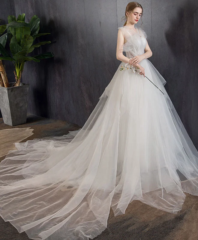 Limited Styles White Tulle Long Wedding Dress, White Tulle Long Bridal Dress