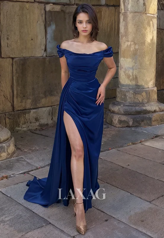 Stylish Spring Fashion Off Shoulder Sleek Satin High Slit Party Prom Formal Evening Dress with Train