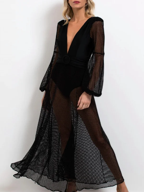 Chic Style Netted Beach Plunge Maxi Dress In Black