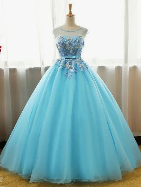 Seasonal Sale Fashion Blue Appliques Tulle Ball Gown Prom Dress, Blue Quinceanera Dress, Sweet 16 Dress cg3837