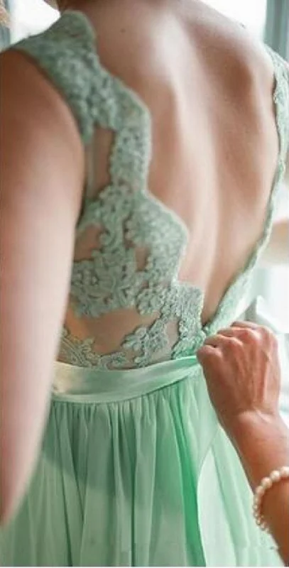 Trend Alert Long V-back Mint Green Lace Bridesmaid Dress