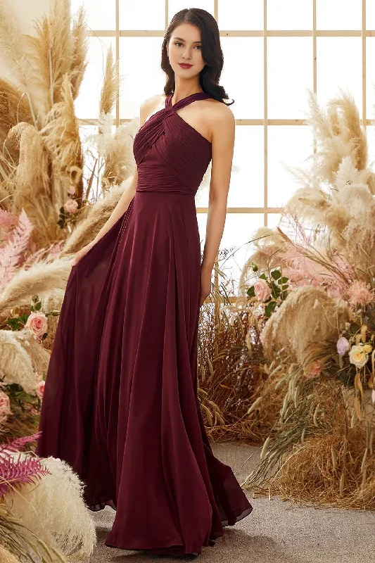 Spring Fashion Wine red neck hanging chiffon bridesmaid dress