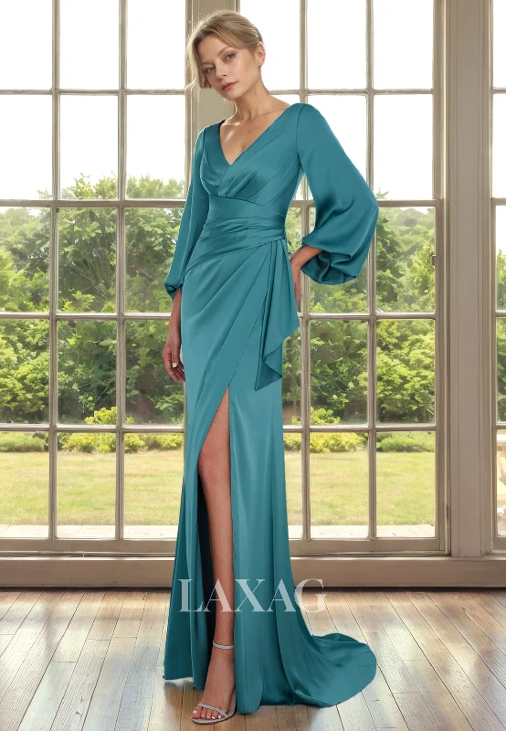 Trend Alert V-Neck Long Sleeves Sleek Satin Mother of the Bride Dress with Slit and Train