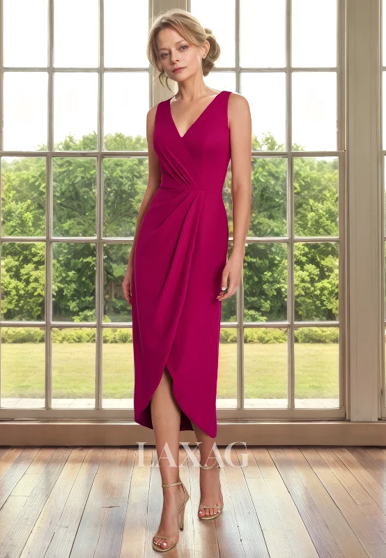 Latest Fashion V-Neck Sleeveless Sleek Satin Tea-Length Elegant Mother of the Bride Dress