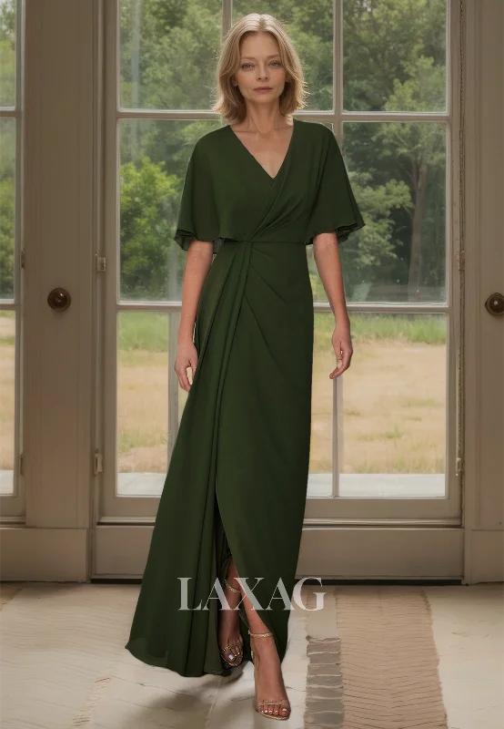 Stylish Savings V-Neck Half-Sleeves Fitted Cocltail Dress Pleated Satin Floor-Length Mother of the Bride Gowns