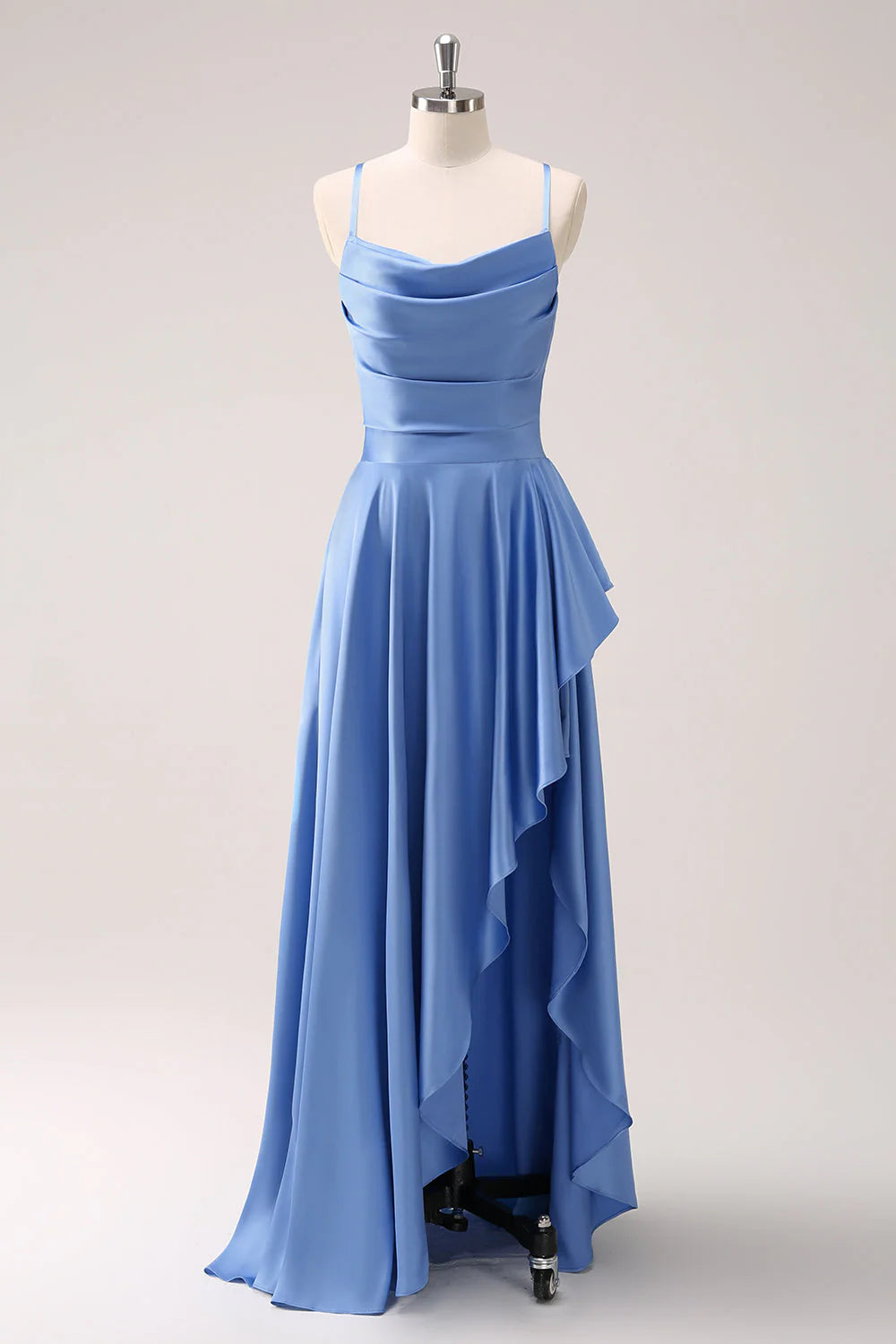 Flash Deals Blue A-line satin asymmetrical ruffle edge slit bridesmaid dress