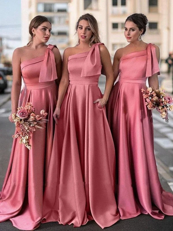 Save Big One shoulder to ground length satin bridesmaid dress