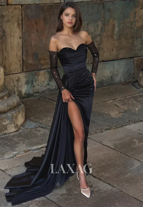 Mid - Week Surprise Sheath&Column High Slit Pleated Satin Sweetheart Formal Prom Dress with Long Sequin&Lace Sleeves