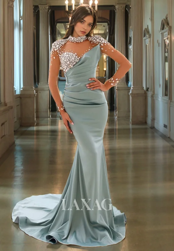 Seasonal Sale High Scoop-Neck Long-Sleeves Satin Mermaid Party Gowns Beaded Pleated Sheer Train Prom Dress