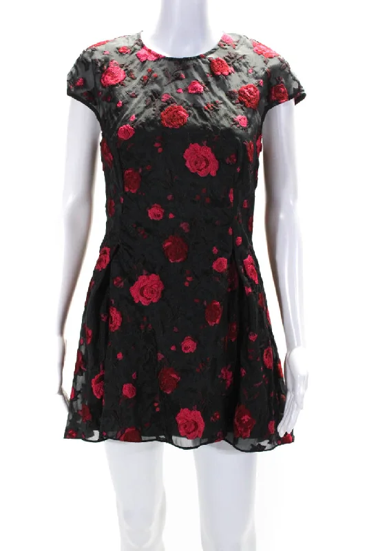 Summer Essentials Lela Rose Womens Embroidered Floral Print Pleated Zipped Dress Black