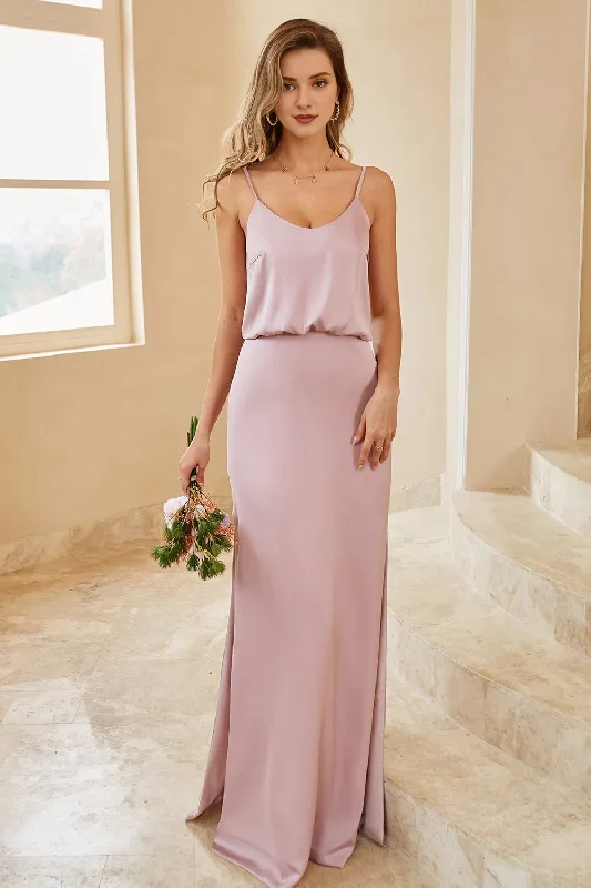 Great Prices On Feminine Styles Thin shoulder strap gray pink long bridesmaid dress