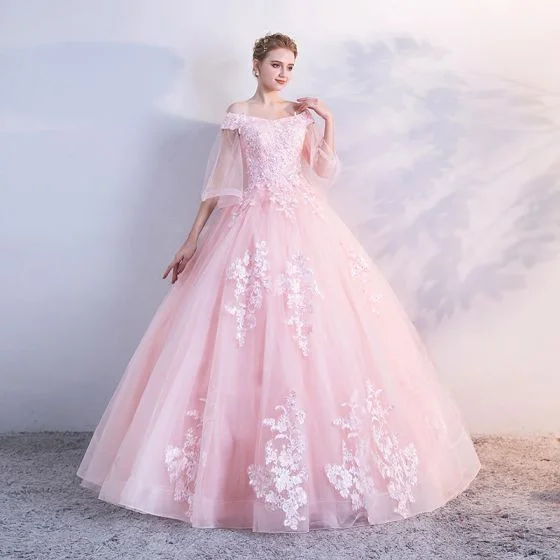 Pastel Styles Ball Gown Lace Appliques Sequins Off-The-Shoulder Backless 1/2 Sleeves prom dress cg3880