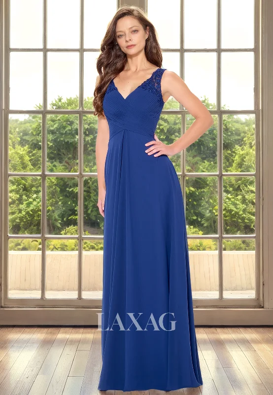 Save On Inspired Styles A-Line V-Neck Sleeveless Lace Appliques Sleek Satin Mother of the Bride Dress