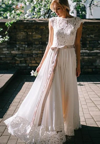 Early Access To Art Deco Styles Sale Bohemian Bateau A Line Chiffon and Lace Floor-length Short Sleeve Wedding Dress with Ribbon