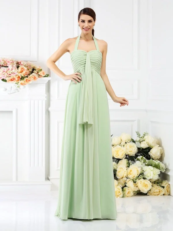 Spring Fling Sale A-Line/Princess Halter Pleats Sleeveless Long Chiffon Bridesmaid Dresses