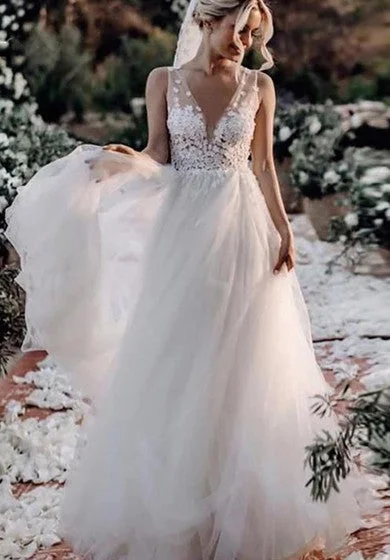 Fashion Sale Lace Tulle Floor-length A Line Sleeveless Bohemian Wedding Dress with Flowers