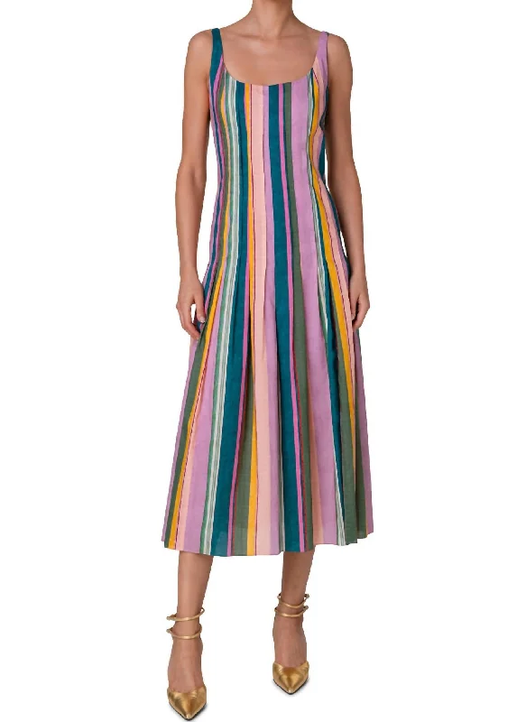 Feminine Soft - Hued Styles Sleeveless Parasol Stripe Midi Dress In Mauve Multi