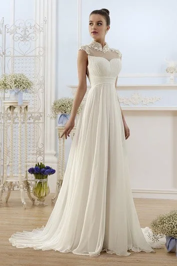 Exclusive Sale A-Line Maxi High-Neck Cap-Sleeve Backless Chiffon Dress With Appliques And Pleats