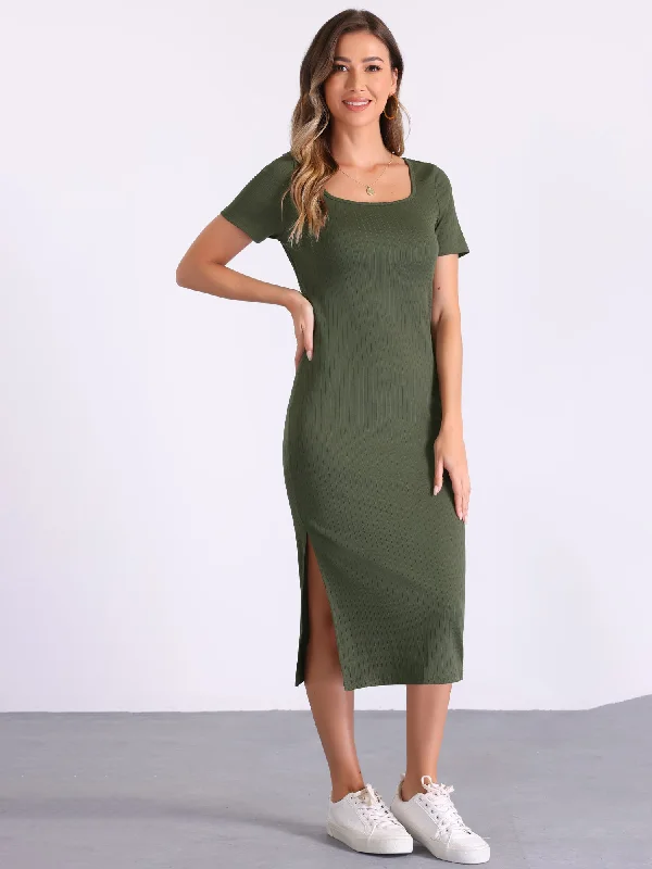 Beat The Heat In Tropical Styles Short Sleeve Solid Color Slit Bodycon Midi Dress