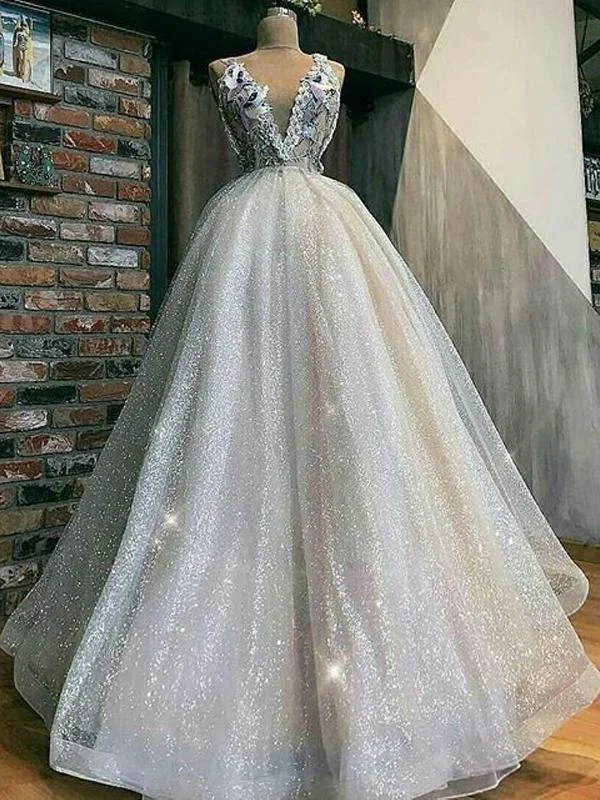 Fashionista Favorites Sparkly Ivory Sequin Tylle Embroidery Applique V-Neck Ball Gown Prom Dresses cg997