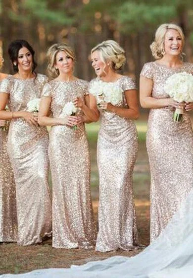 Chic Outfits Bateau Short-Sleeve Low-V-Back Modern Floor-length Sequin Bridesmaid Dress