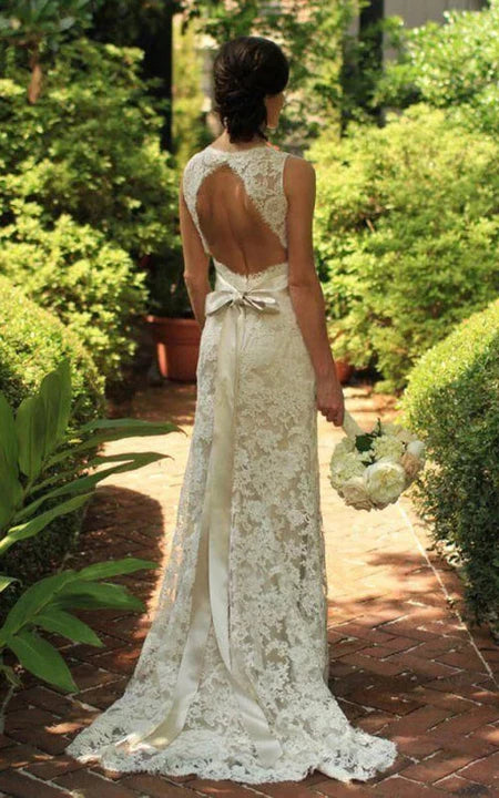 Hot Trends Casual V-neck Lace Sheath Keyhole Back Simple Wedding Dress