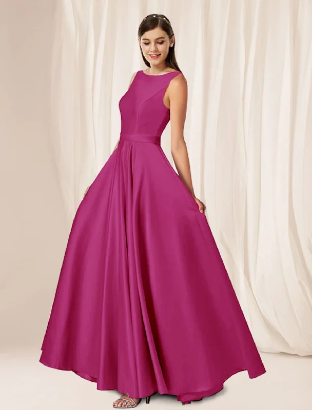 Lighten Up With Nordic Styles A-Line Bridesmaid Dress Sleeveless Elegant Floor Length Satin with Pleats