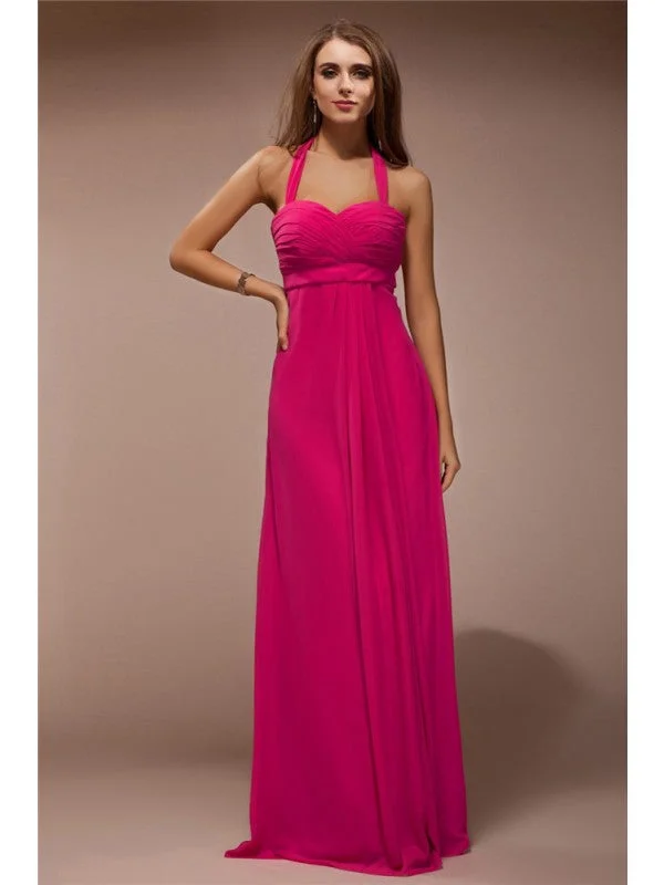 Feminine Soft - Hued Styles Sheath/Column Halter Sleeveless Long Ruffles Chiffon Bridesmaid Dresses