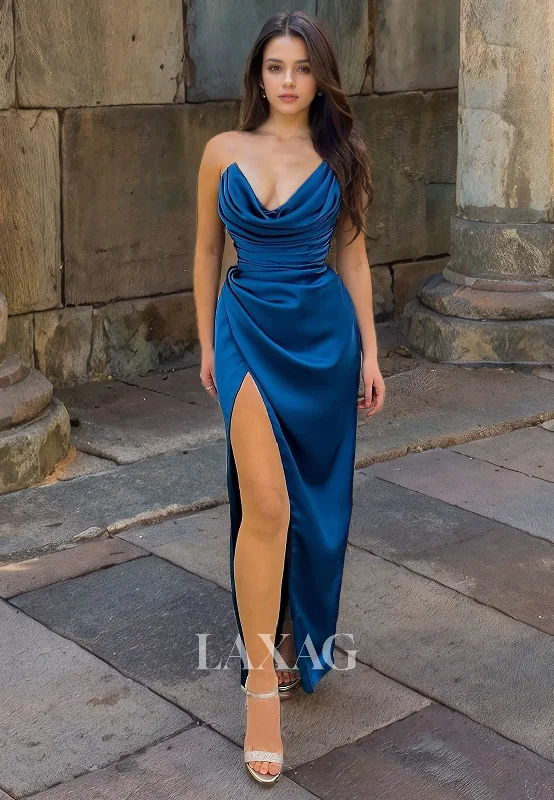 Evening Looks Strapless Pleated Sleek Satin High Slit Party Prom Formal Evening Dress