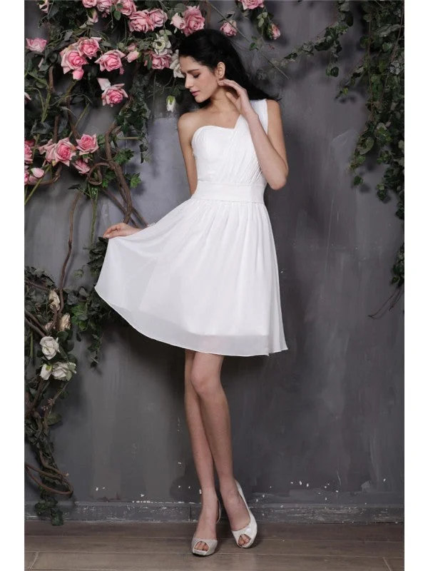 Huge Savings On Parisian Styles A-Line/Princess One-Shoulder Sleeveless Pleats Short Chiffon Bridesmaid Dresses