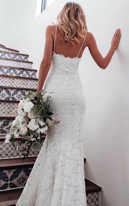 Trend Alert Casual Spaghetti Sheer Lace Mermaid Wedding Dress with Sweep Train