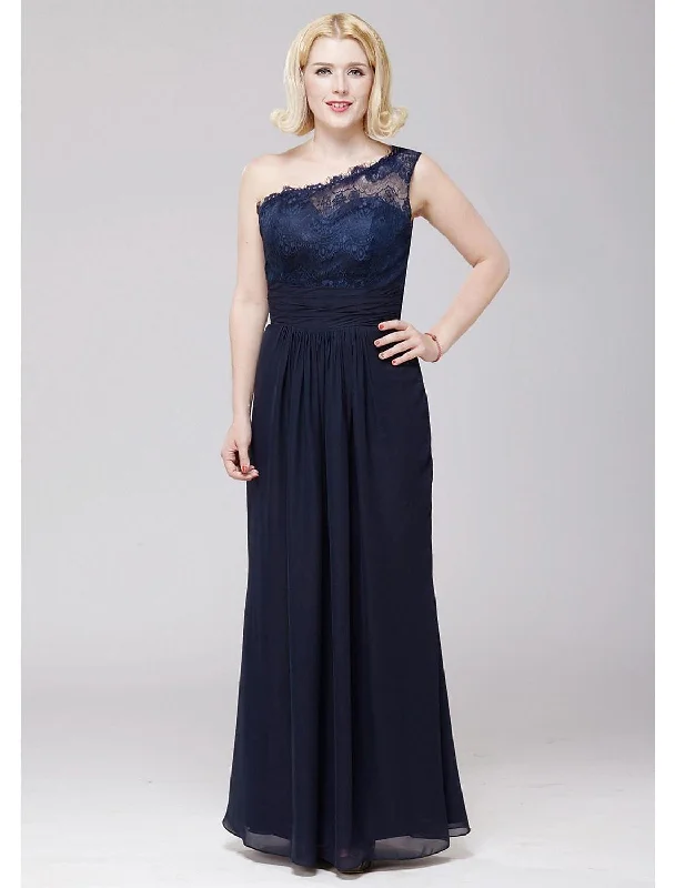 Fashion-Forward A-Line Bridesmaid Dress One Shoulder Sleeveless Elegant Floor Length Chiffon / Lace with Lace / Sash / Ribbon