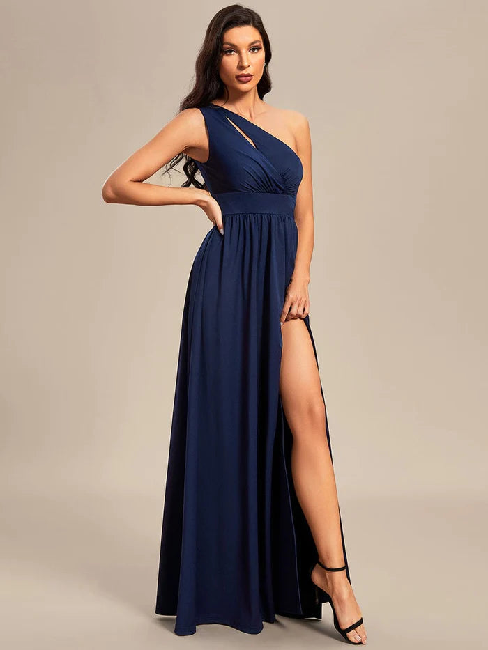 Summer Essentials One Shoulder High Front Slit Hollow Out Neckline Bridesmaid Dress