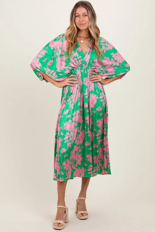 Lighten Up With Nordic Styles Green Floral Satin Pleated V-Neck Maxi Dress