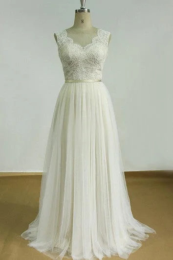 Fashion Forward Backless Tulle Lace Satin Weddig Dress