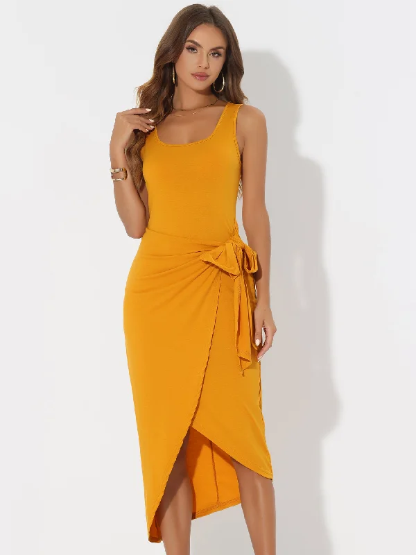 Trend Alert Sleeveless Scoop Neck Ruched Faux Wrap Tie Side Bodycon Midi Dress