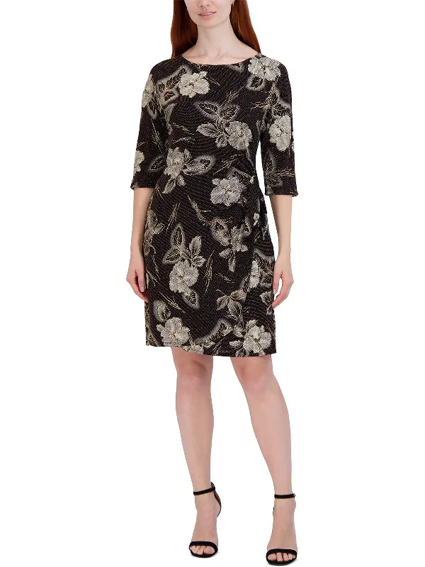 Stylish Spring Fashion Plus Womens Metallic Floral Print Sheath Dress