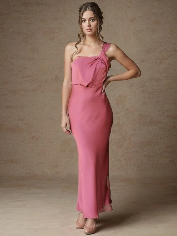 Fashion Essentials Tight fitting/columnar  woven satin pleated one shoulder and ankle off shoulder bridesmaid dress