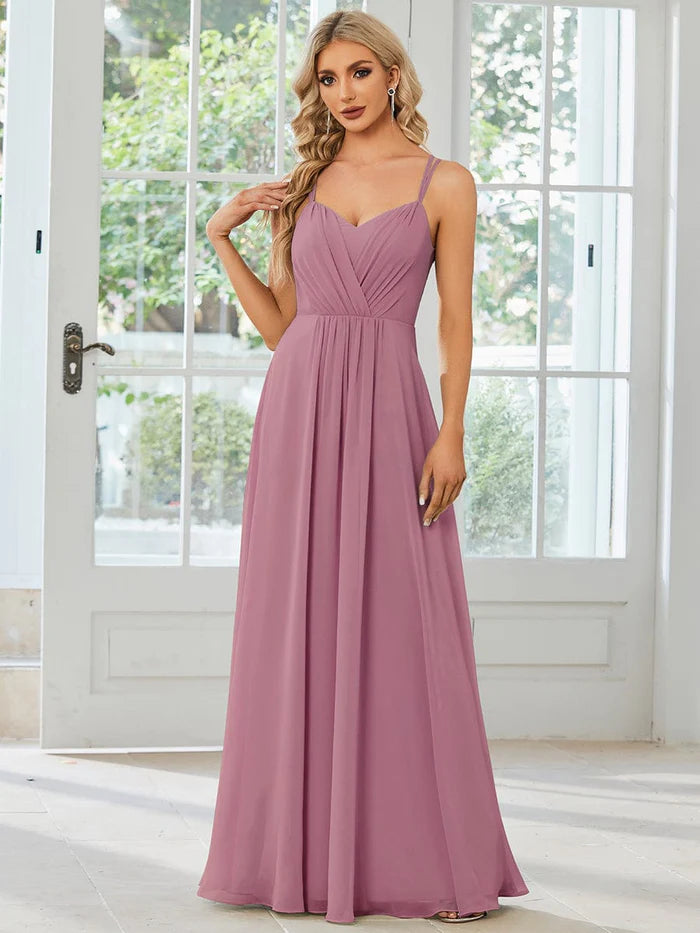 Season Sale Convertible Chiffon Lace Open Back Spaghetti Straps Bridesmaid Dress