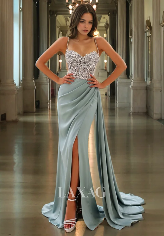 Pastel Styles Spaghetti Straps Beaded Sleek Satin Sweep Train Party Prom Formal Evening Dress with High Slit