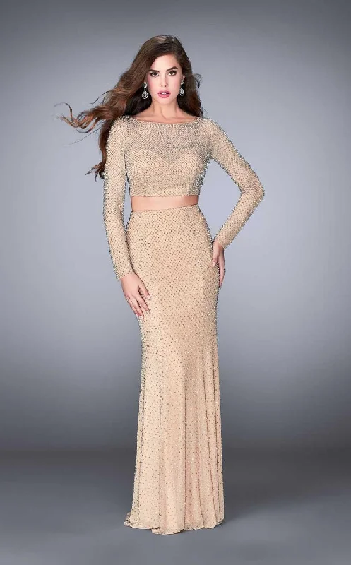 Elegant Style La Femme - 24175 Sparkling Long Sleeve Cropped Top Prom Dress