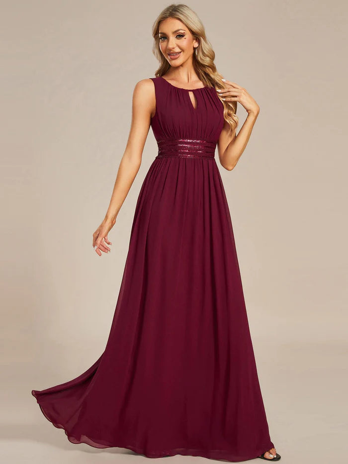 Day-To-Night Styles Simple Sleeveless A-line Chiffon Bridesmaid Dress with Hollow Out Detail