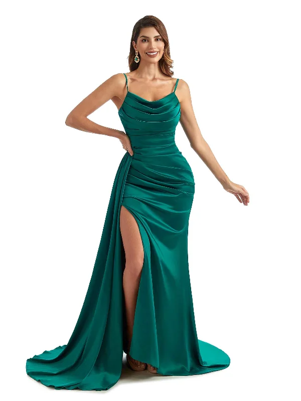 Wardrobe Refresh Sexy Side Split Cowl Neck Maxi Chic Satin Spaghetti Straps Formal Wedding Guest Dresses