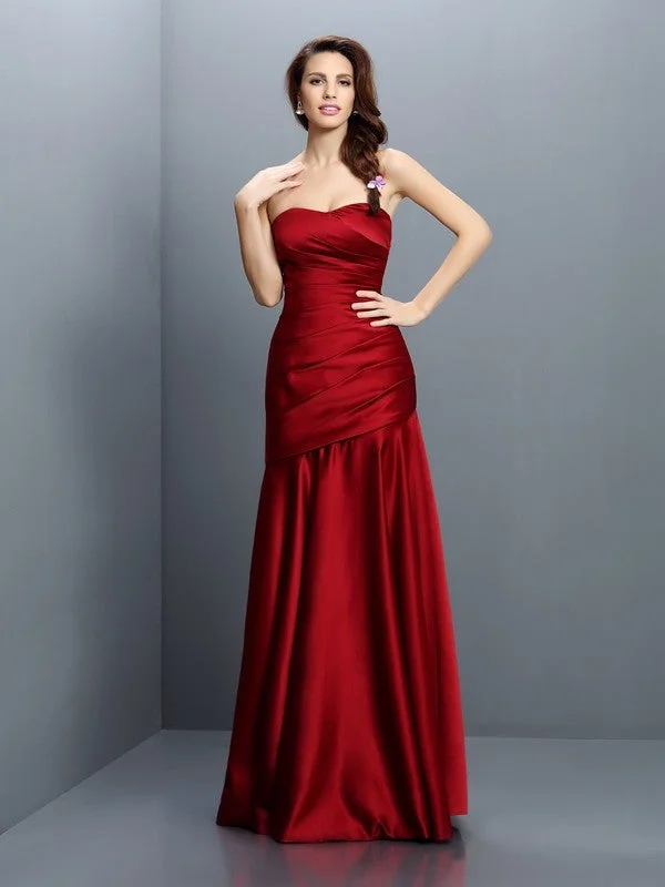 Evening Elegance A-Line/Princess Strapless Ruched Sleeveless Long Satin Bridesmaid Dresses