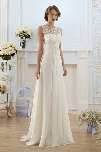 Special Occasion Wear Sheath Floor-Length Bateau Sleeveless Empire Lace-Up Chiffon Dress With Lace