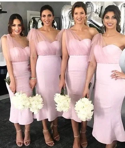 Exclusive Discount Tea Length Fitted Blush Pink Bridesmaid Dress