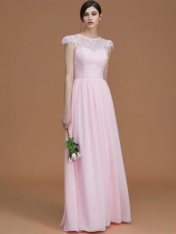 Chic Styles A-Line/Princess Jewel Short Sleeves Floor-Length Lace Chiffon Bridesmaid Dresses