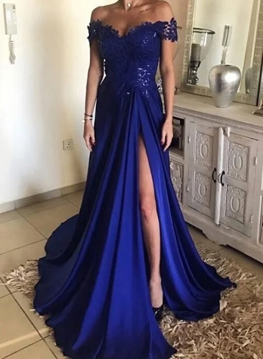 Update With Cottagecore Styles royal blue prom dress,off shoulder prom dress,charming prom gown with lace and split cg2126